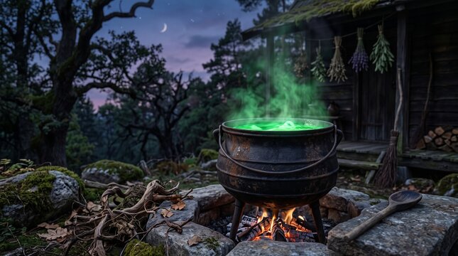 Mystical witch's cauldron bubbles with green potion over campfire at night