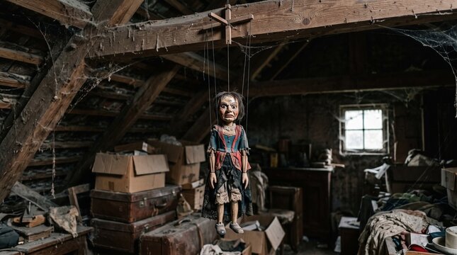 Creepy marionette puppet hanging in a dusty, abandoned attic with cobwebs