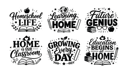 Collection of educational handwritten typography phrases and icons for home learning © MDMOMIN