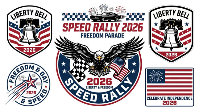 Patriotic Liberty Bell and Speed Rally 2026 Graphics Set Featuring Bald Eagle and American Flag Symbols