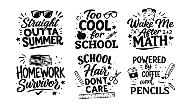 Collection of handdrawn lettering quotes with school and summer themes for graphic design