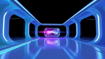 Fototapeta premium Futuristic corridor features glowing blue lines, dark background. Central object emits purple light, reflected on polished floor. Minimalist design.