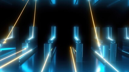 Fototapeta premium Dark abstract space. Blue neon pillars intersect with golden light beams. Minimalist design creates futuristic tunnel effect. Dramatic lighting.