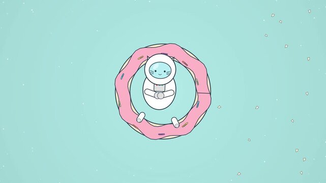 Cute vector illustration of a happy cartoon character floating in a pink frosted donut ring on a pastel blue background