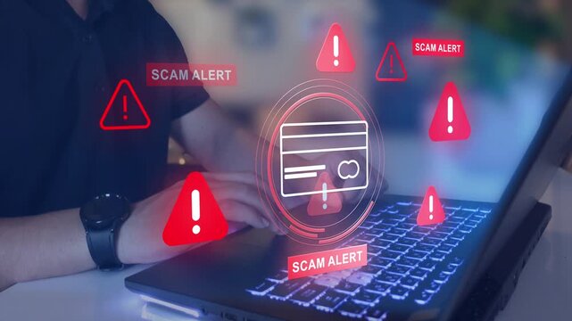 Financial scam concept showing bank card fraud,  online payment risk.  Security alert, data protection and identity theft warning in digital banking.