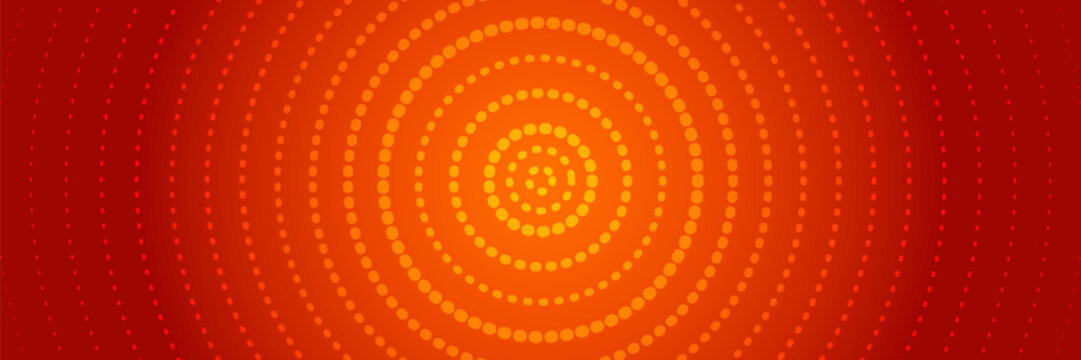 Red dot concentric circle background. Neon dash expanding epicenter waves. Radial sound signal or vibration backdrop. Dotted target, radar or sonar effect concept. Vector ripple hot gradient wallpaper