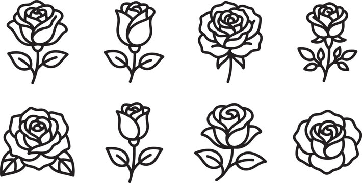 Minimal line art rose flowers outlines icon collection