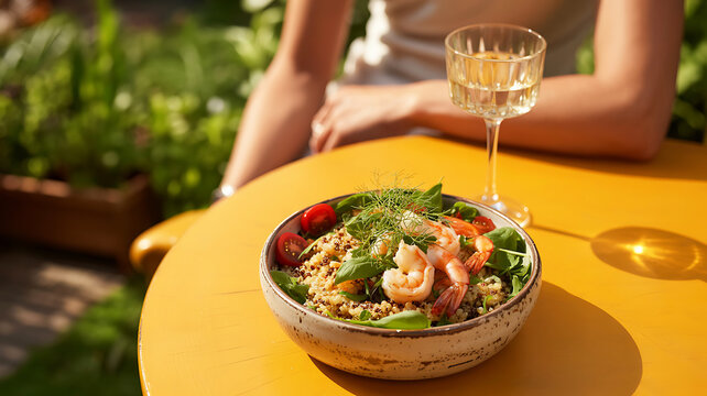 Shrimp salad, yellow table, outdoor dining, summer food, seafood bowl