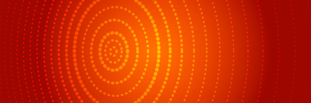 Red dot concentric circle background. Neon dash expanding epicenter waves. Radial sound signal or vibration backdrop. Dotted target, radar or sonar effect concept. Vector ripple hot gradient wallpaper
