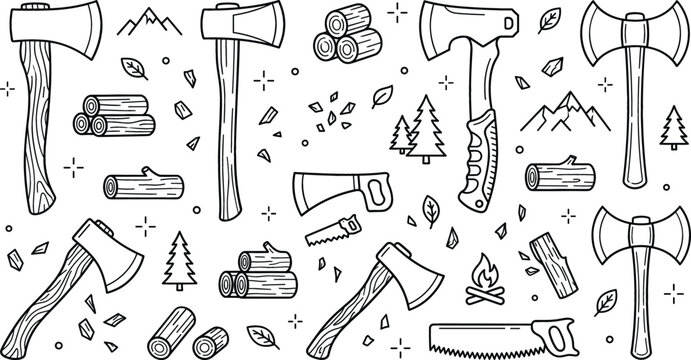 Lumberjack wood cutting vector line art icon set featuring axes saws logs firewood pine trees and campfire elements
