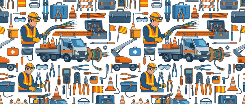 Fiber Optic Installation: Workers, Truck, Tools, and Equipment Seamless Pattern