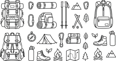 Hiking and camping gear line art vector set with backpacks tent campfire trekking poles boots map and compass. © Mst