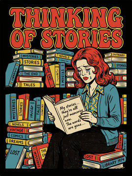 Writers National Book Emotional Journey of Lost Stories Capturing Memory and Creative Block in a Retro Style Illustration