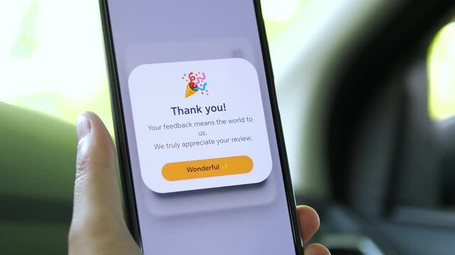 Gamified feedback confirmation screen on a smartphone. Celebratory confetti and a warm message acknowledge the users review. 