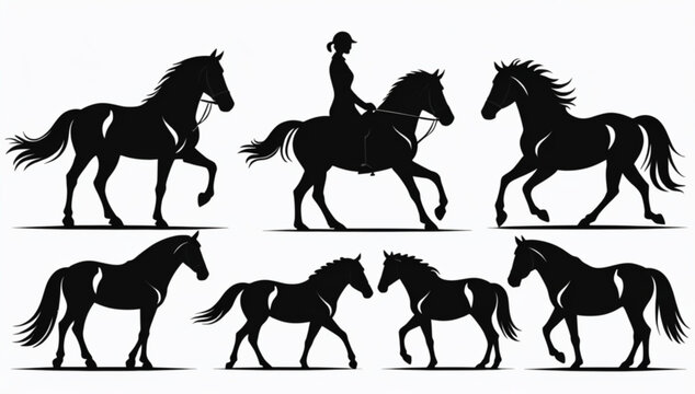 Collection of horse silhouettes vector illustration isolated on white background, ideal for horse breeding, branding, and equestrian design.