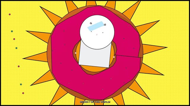 Minimalist vector illustration of a sweet pink donut wobbling on a sun burst background with modern abstract gravity shapes