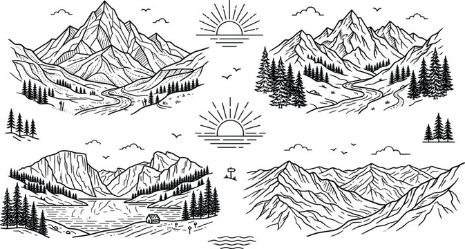 Mountain landscape vector line art bundle featuring wilderness peaks pine forests rivers lakes and sun rays graphic elements