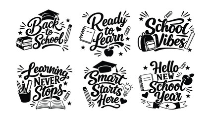 Collection of decorative handdrawn typography quotes and illustrations related to education and school life © MDMOMIN