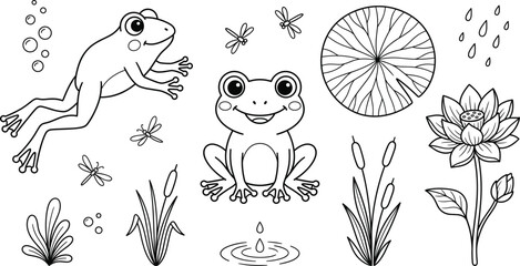 Fototapeta premium Cute Frog Pond Life Cartoon Outline Set for Children Educational Coloring Book Pages