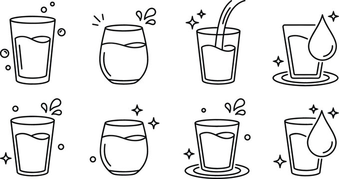 Water glass vector line art icon set featuring full drinking glasses liquid pouring droplets and hydration symbols