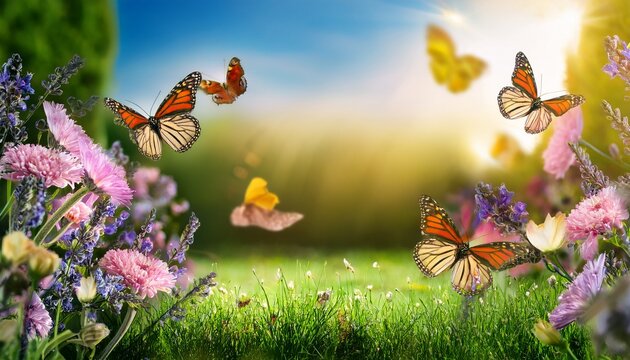 Hermoso Paisaje De Jardin De Flores Con Mariposas En Un Dia Soleado