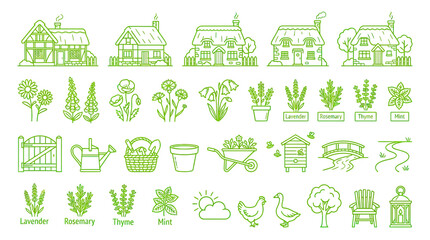 Charming Cottage Garden Icons: Houses, Flowers, Herbs, Animals, Tools © kemu