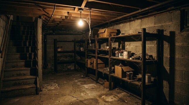Creepy, dusty basement with shelves, boxes, and a single bare light bulb