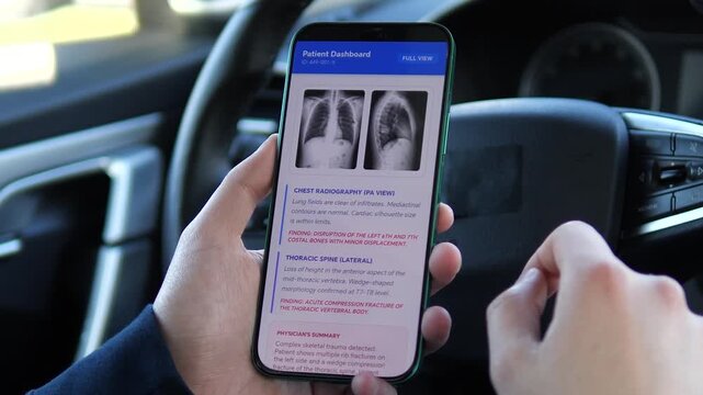 Real-time medical diagnostics on mobile. User reviews rib fractures and vertebral injury findings via a secure clinical dashboard inside a vehicle. Essential footage for medical insurance, patient