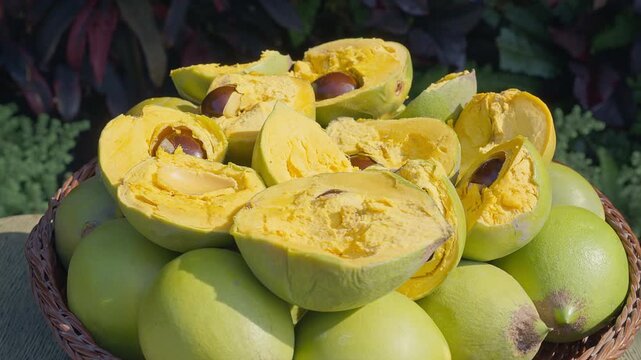 Fresh Whole and Sliced Peruvian Lucuma Fruit in a White Bowl