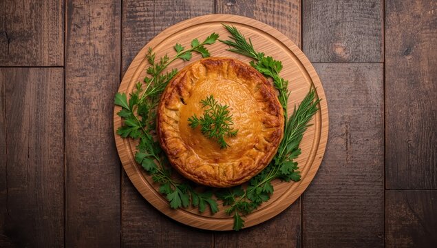 Eastern Tatar food from Uzbekistan, meat and greens cheburek on a wooden board. Cheburek - fried pastry with meat and onions. A classic Turkish and Mongolian dish. Overhead view. Blank space.