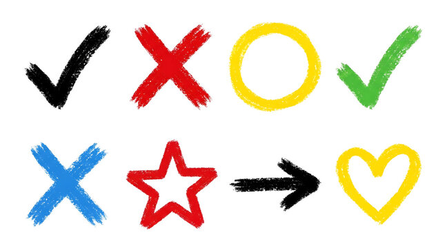 A colorful hand-brushed icon set: black and green checkmarks, red and blue X marks, a yellow circle, red star outline, black arrow, and a red heart outline painterly brush-stroke style.
