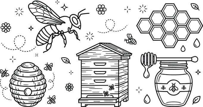 Beekeeping and honey line art vector set with wooden beehive wild hive honeycomb sweet jar and flying bees.