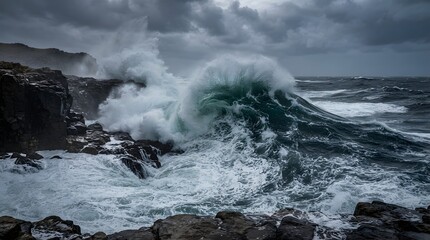 Obraz premium Dramatic ocean waves crash against rocky shoreline on a stormy day with cloudy sky