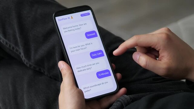 Mobile AI wellness chatbot guiding a stressed user through a personalized calm session. User selects focus, duration, and soundscape before subscribing. Perfect for mental health apps, meditation 