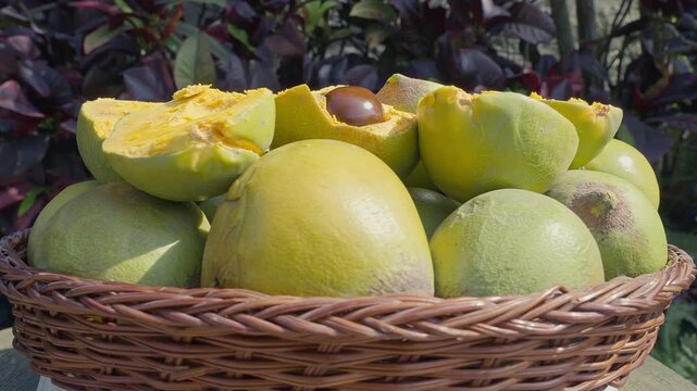 Fresh Whole and Sliced Peruvian Lucuma Fruit in a White Bowl