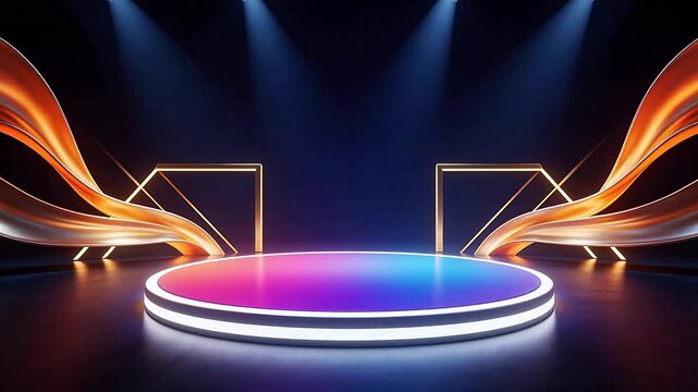 Abstract stage with glowing platform and flowing ribbons