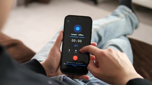 Mobile screen displaying a privileged call from a lawyer. User answers a legal consultation, with the timer ticking up to 3 seconds. Perfect for legal-tech apps, law firm marketing, and professional s