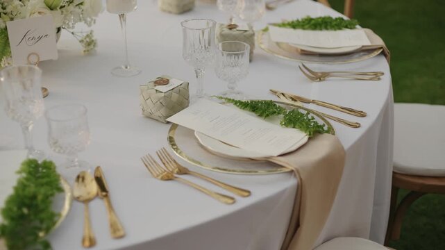 An elegant wedding reception table setting on a lawn, featuring white tablecloths, gold cutlery, crystal glassware, a detailed menu card with green fern accents, and small gift boxes.
