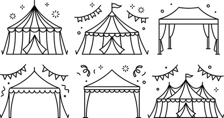 Circus tent and canopy vector line art icon set featuring carnival marquees festival bunting flags and party decorations © Mst