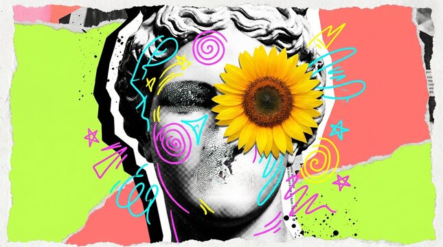 Surreal pop art collage featuring a classical stone bust with a bright sunflower and neon doodles