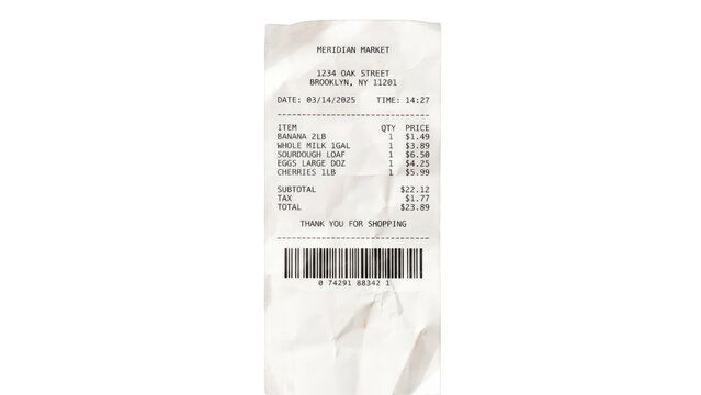 Crumpled paper shopping receipt isolated on transparent background