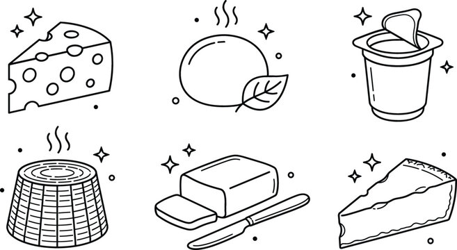 Dairy product vector line art icon set featuring cheese butter yogurt mozzarella and ricotta on white background
