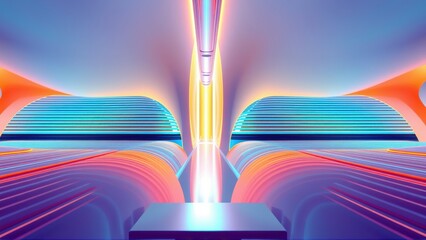 Fototapeta premium Abstract futuristic tunnel. Vibrant colors blend, creating symmetrical glowing shapes. Light radiates from central point. Dramatic perspective.
