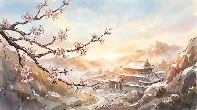 Cherry blossom branch over a serene mountain temple in a snowy landscape during a golden sunrise