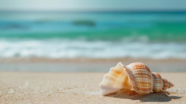 Sunlit conch seashell resting on sandy shore with turquoise waves and a blurred ocean background