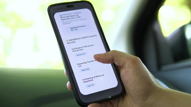 Mobile land registry certificate confirming a clean property title with no encumbrances. User scrolls through the ownership history and legal compliance records. Perfect for PropTech apps, real estate