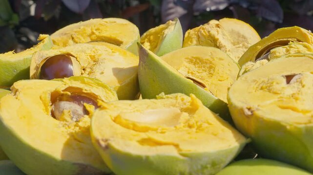 Fresh Sliced Peruvian Lucuma Fruit in a White Bowl