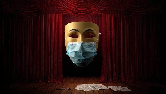 Theatrical masks for comedy and tragedy with a medical mask for COVID-19 against a red curtain.