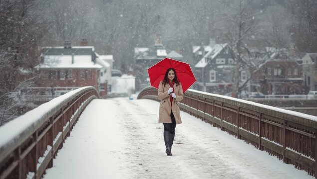Female carrying a red umbrella strolls over Sears Hill Bridge in Staunton, VA, amid snow following a winter storm.