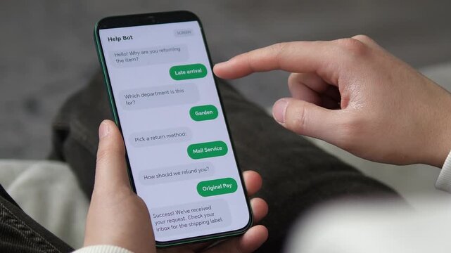 Efficient AI customer service in action. User returns an item via mobile chatbot. Sequence shows instant automated responses for refund and shipping labels. Perfect for e-commerce tech and customer